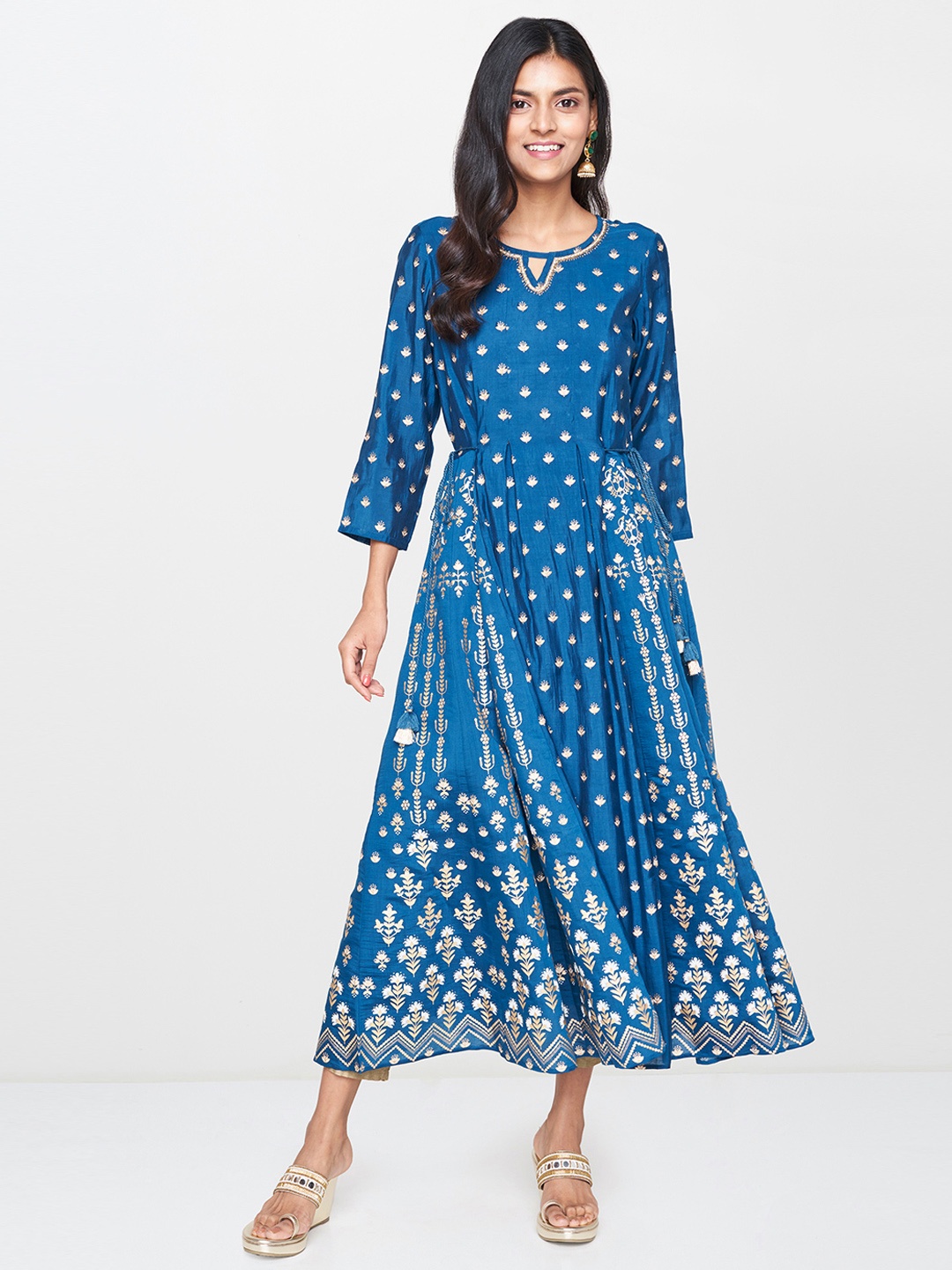 

Global Desi Women Blue Printed A-Line Kurta