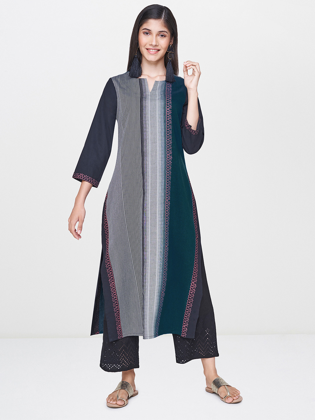 

Global Desi Women Teal & Grey Woven Design A-Line Kurta