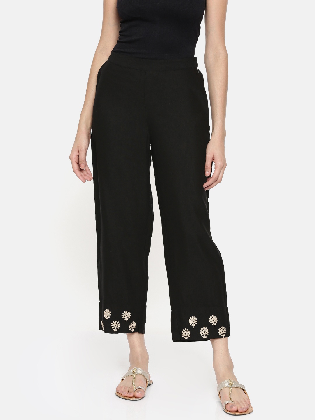 

Global Desi Women Black Regular Fit Solid Parallel Trousers
