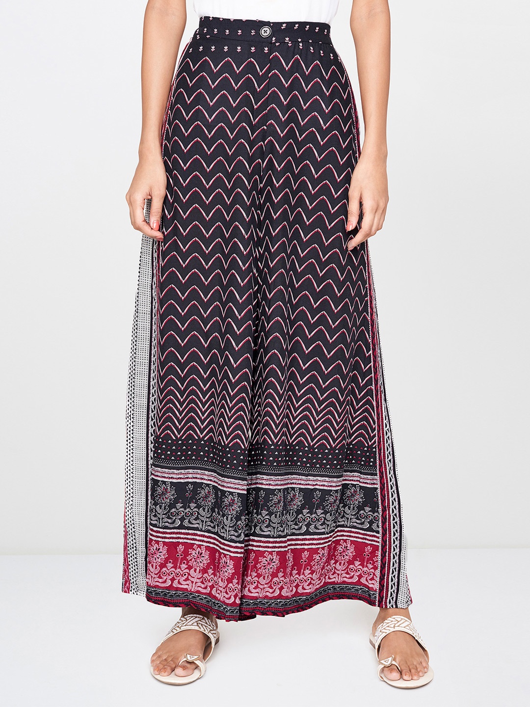 

Global Desi Women Black & Maroon Printed Flared Palazzos