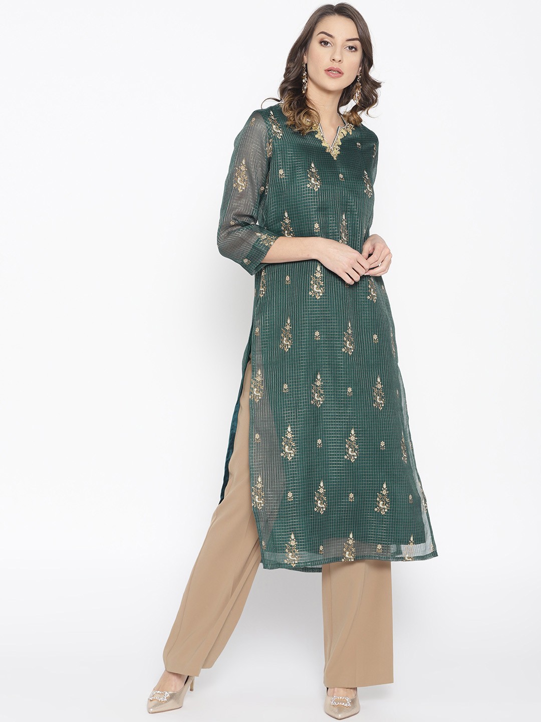

Global Desi Women Green & Golden Printed Straight Kurta
