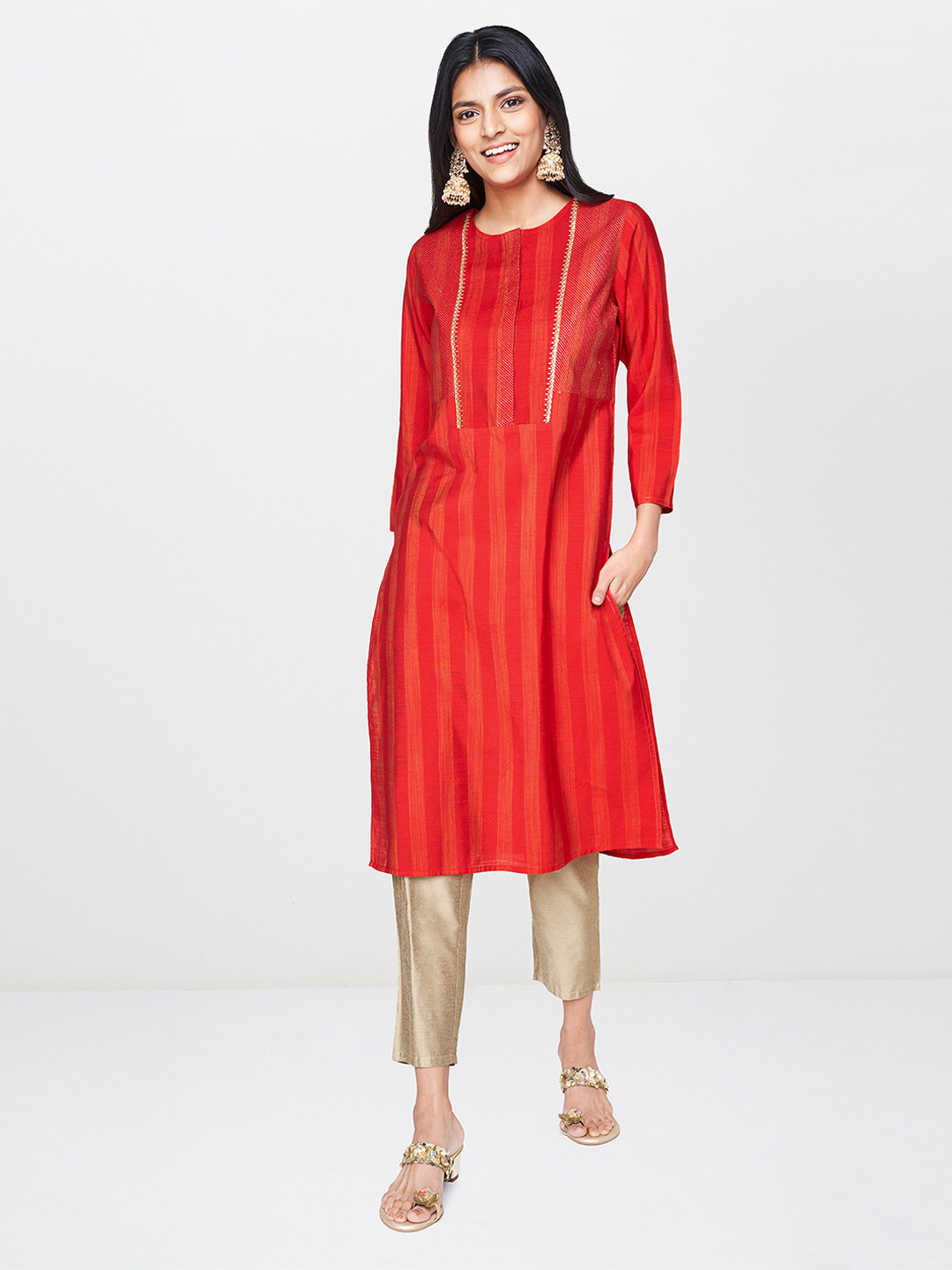 

Global Desi Women Red Striped A-Line Kurta