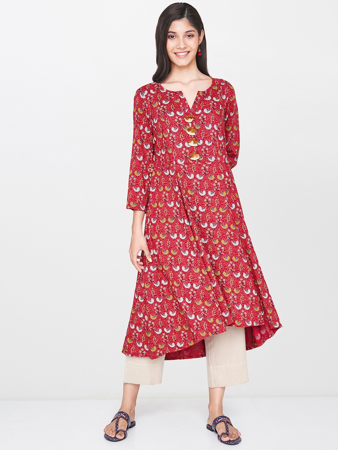 

Global Desi Women Red Quirky Printed A-Line Kurta