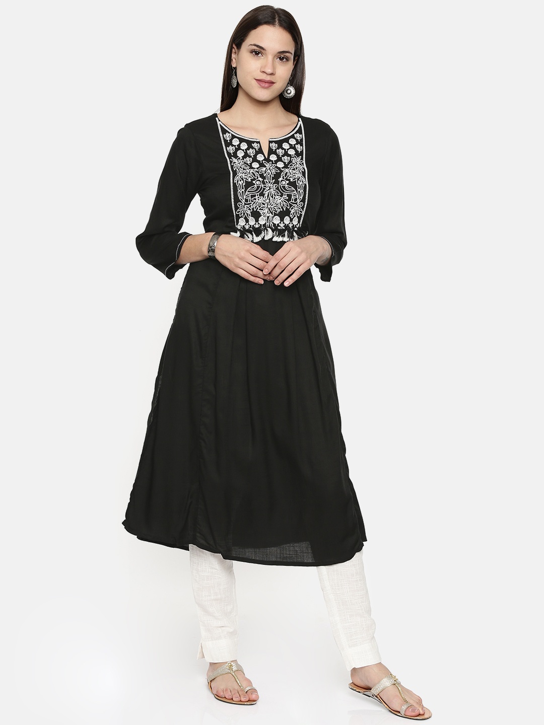 

Global Desi Women Black Embroidered A-Line Kurta