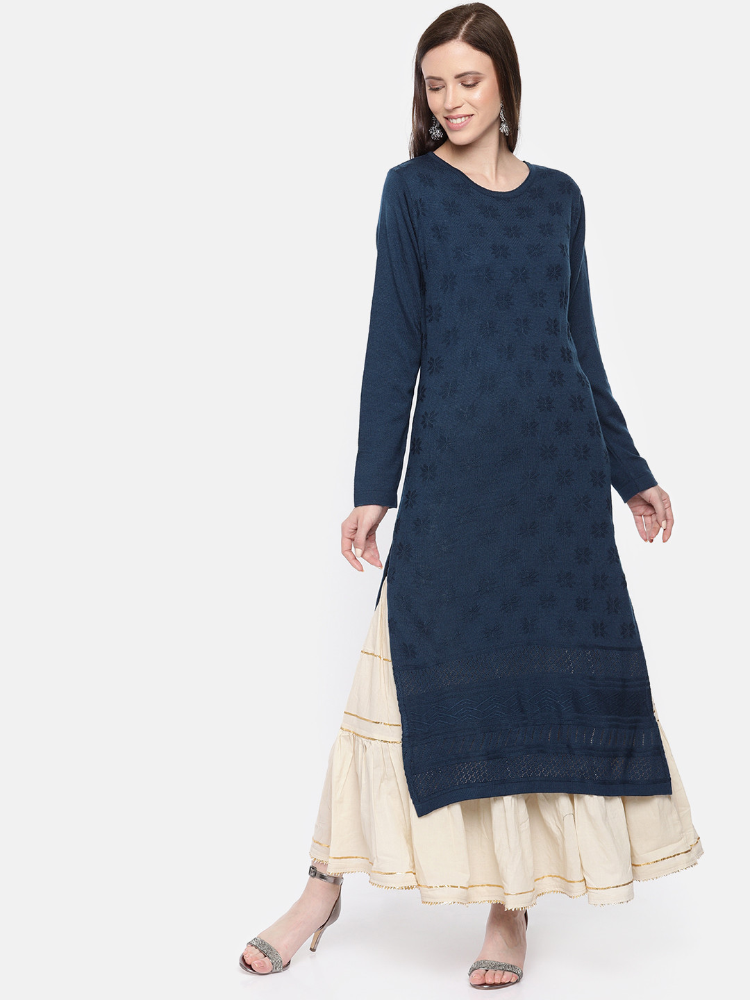 

Global Desi Women Navy Blue Woven Design Straight Sweater Kurta