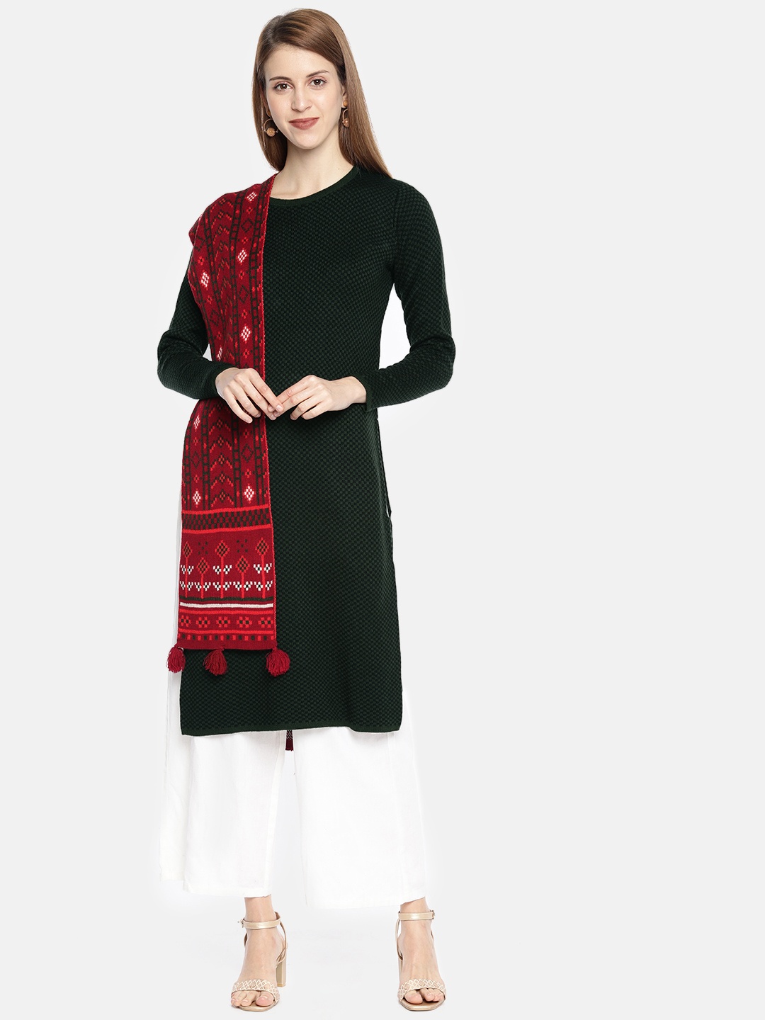 

Global Desi Women Olive Green Woven Design Straight Kurta