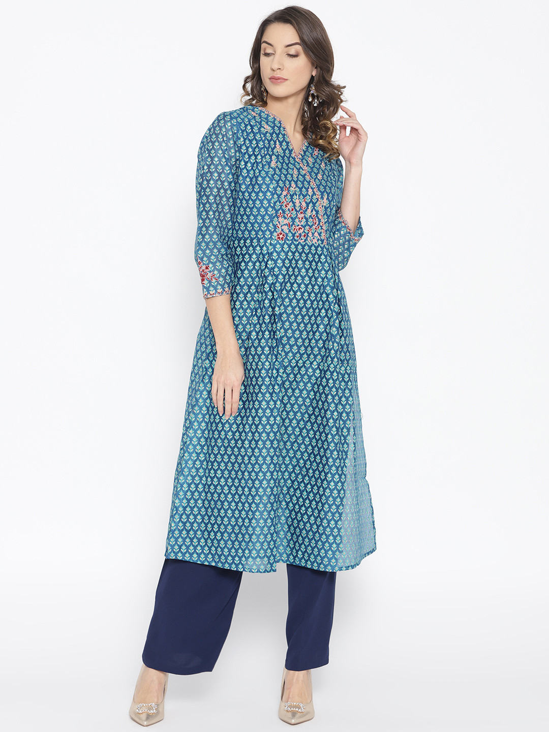 

Global Desi Women Blue & Golden Printed A-Line Kurta