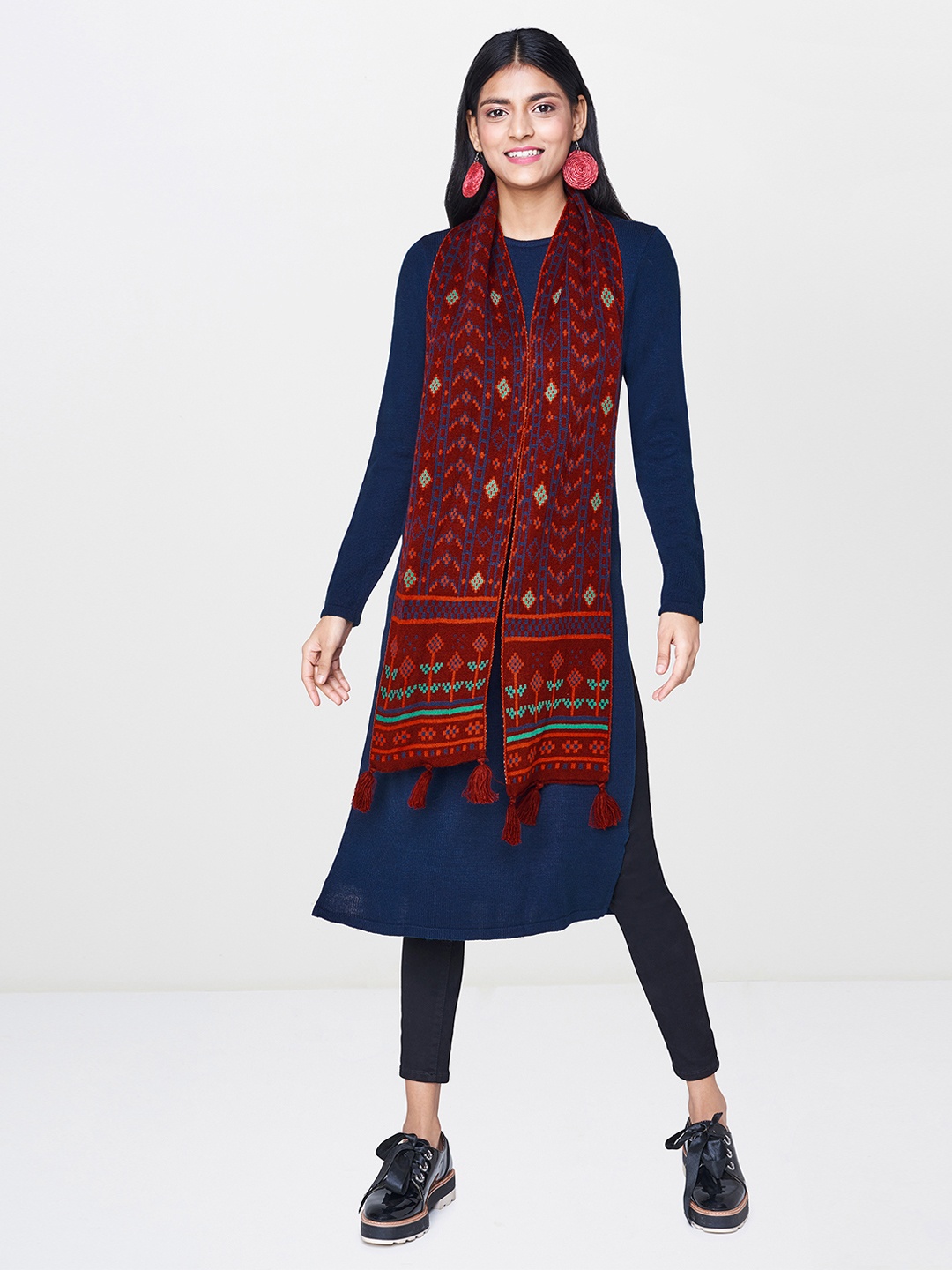 

Global Desi Women Navy Blue Woven Design Straight Sweater Kurta with Shawl Collar