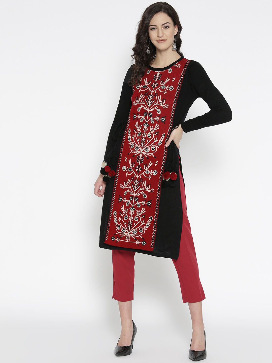 

Global Desi Women Maroon & Black Handloom Woven Design Straight Winter Kurta