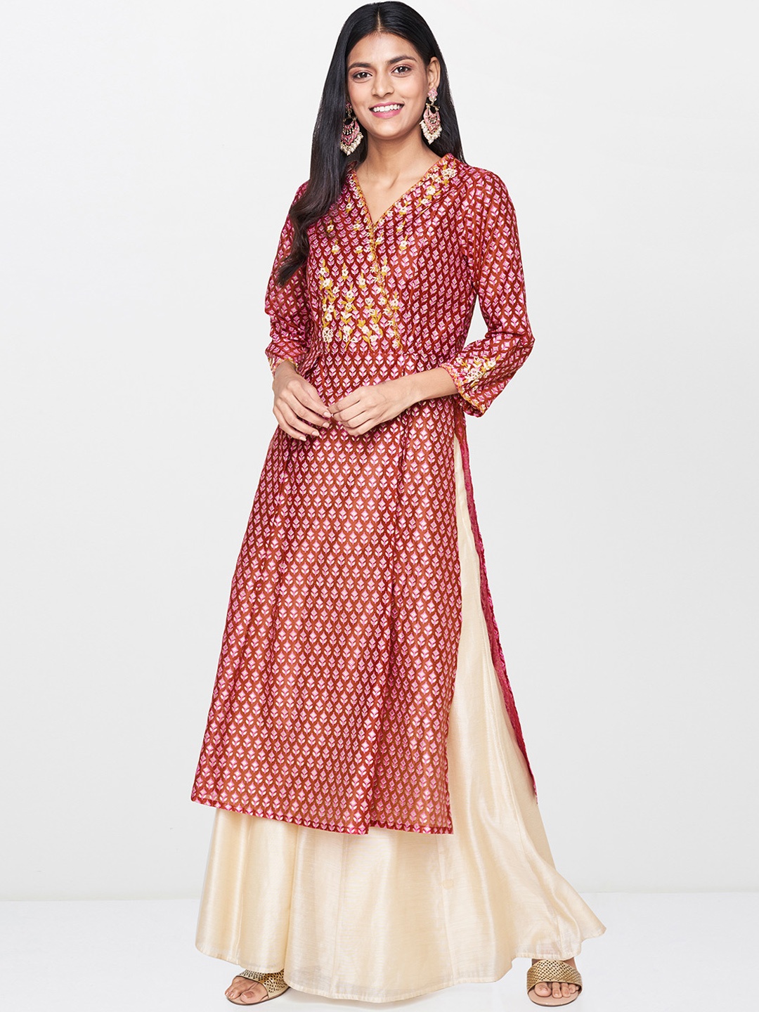 

Global Desi Women Red & Pink Yoke Design Straight High Slight Kurta