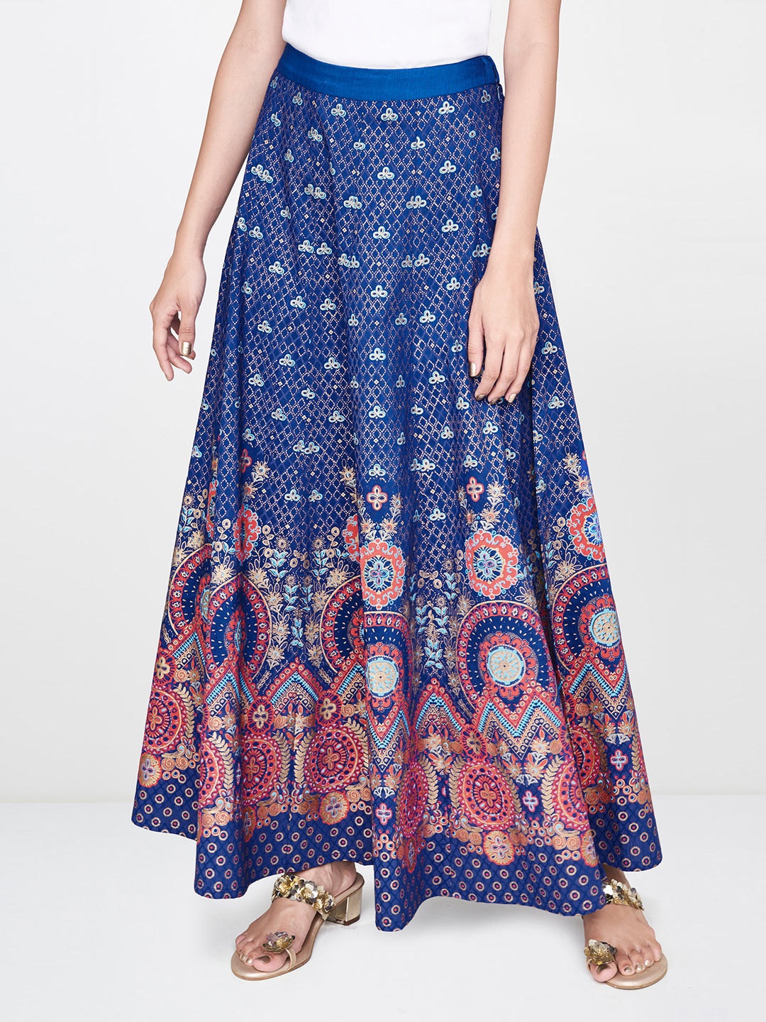 

Global Desi Women Navy Blue & Gold-Toned Printed Flared Maxi Skirt