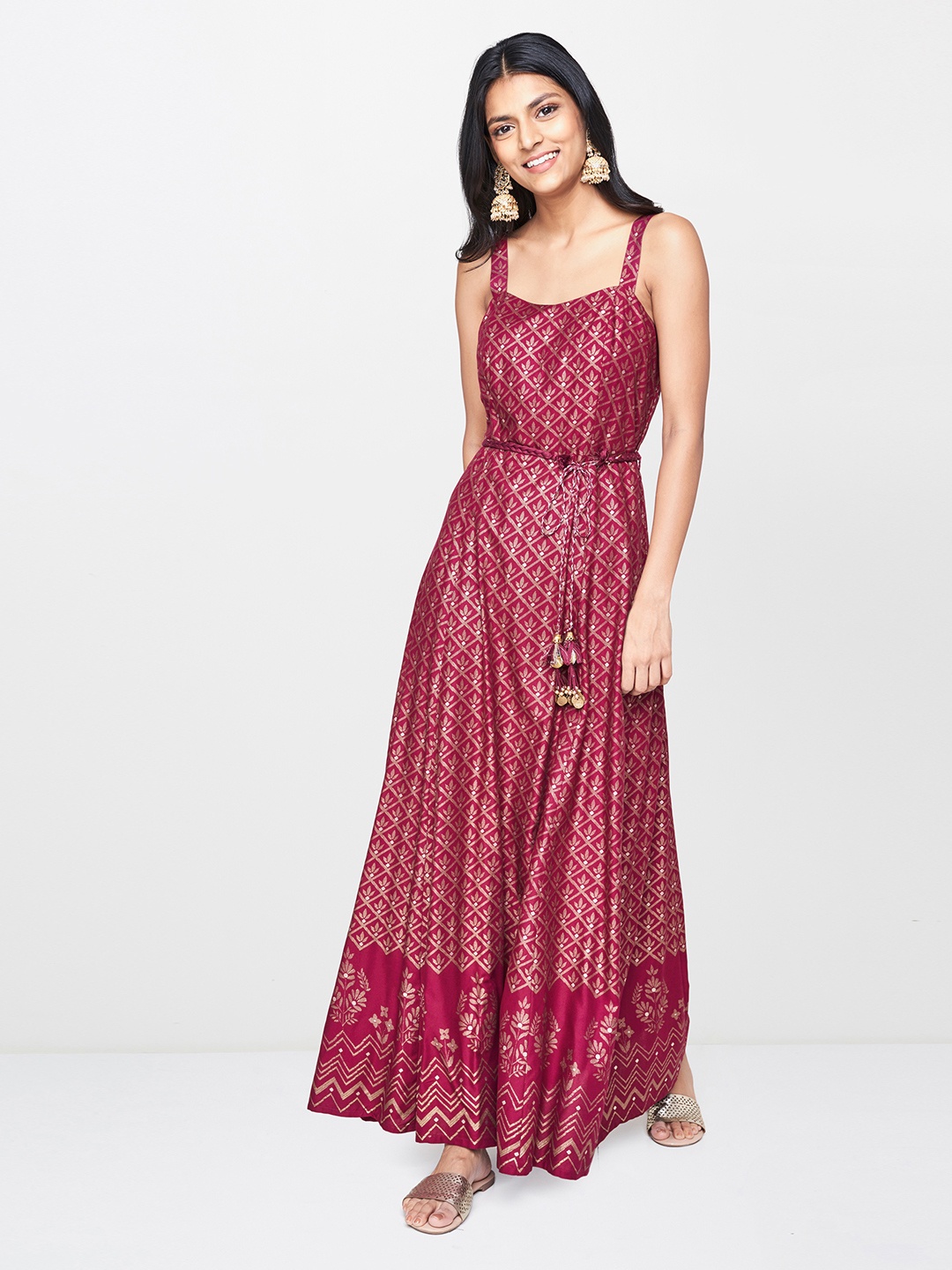 

Global Desi Women Burgundy & Gold-Toned Printed Maxi Dress