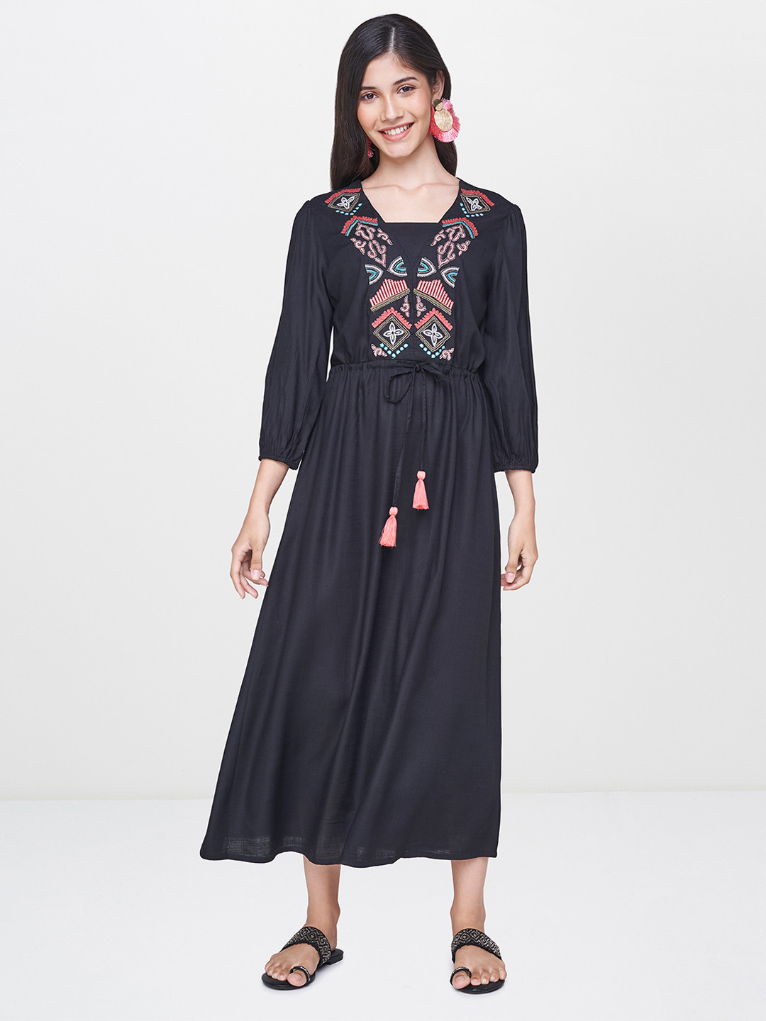 

Global Desi Women Black Embroidered Fit and Flare Dress