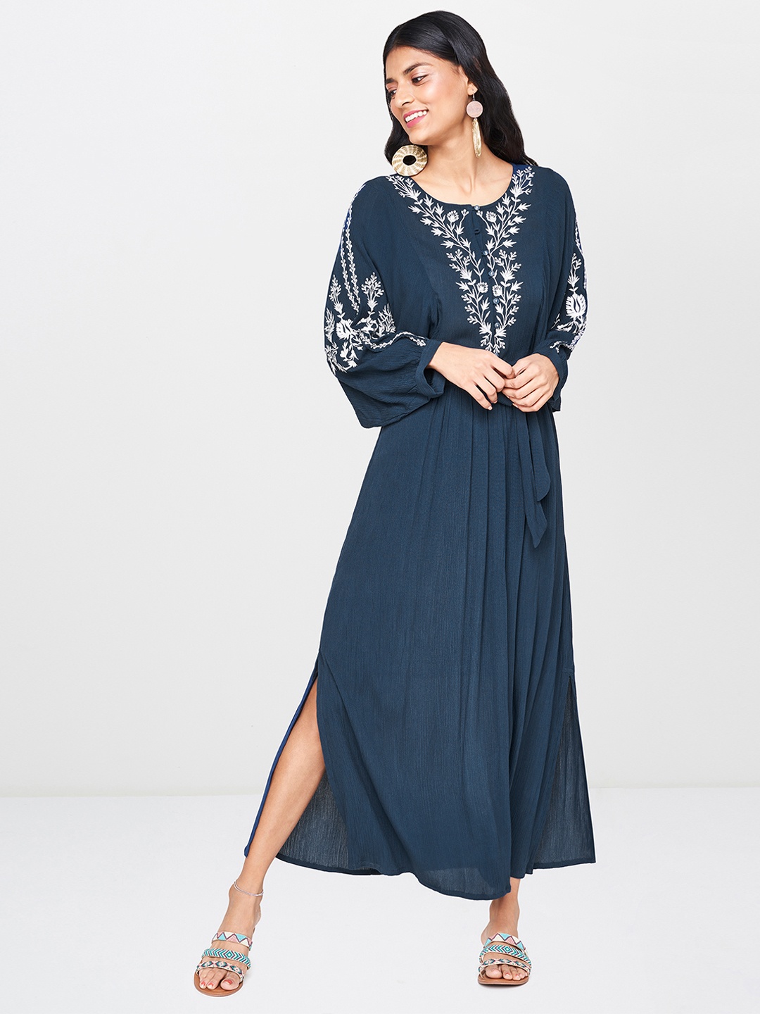 

Global Desi Women Blue Embroidered Maxi Dress