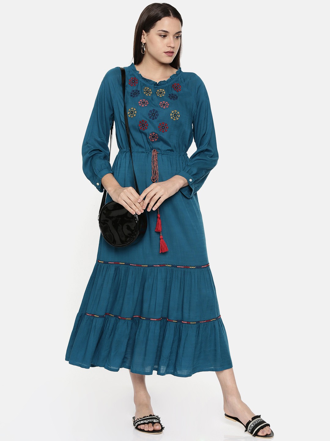 

Global Desi Women Blue Embroidered Tiered A-Line Dress