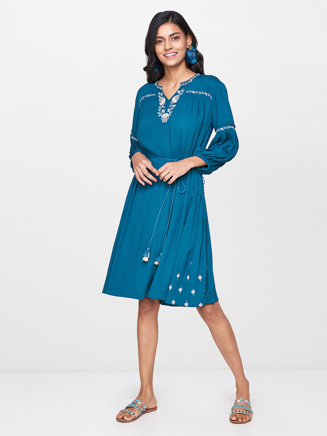 

Global Desi Women Teal Blue Embroidered Fit and Flare Dress