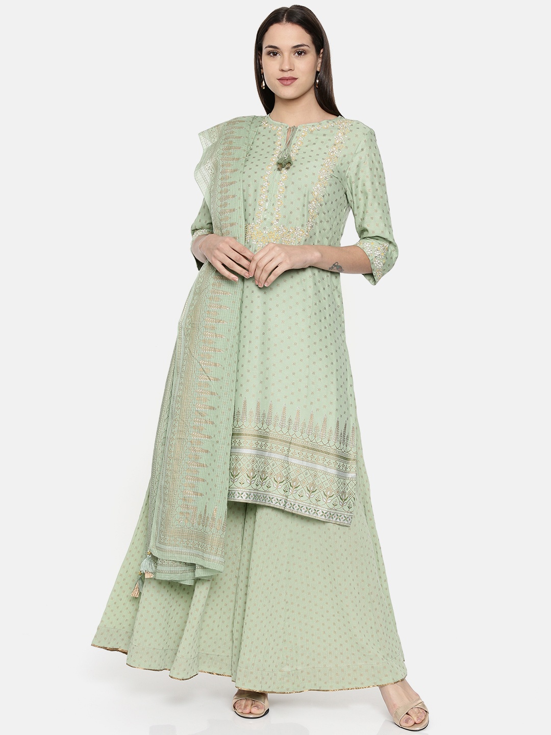 

Global Desi Women Green & Beige Printed Kurta with Palazzos & Dupatta