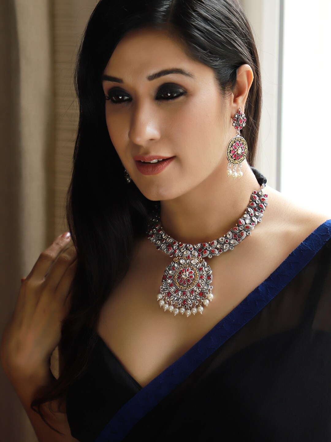 

Rubans Women Silver-Plated & Red Handcrafted Faux Ruby Studded Oxidised Necklace