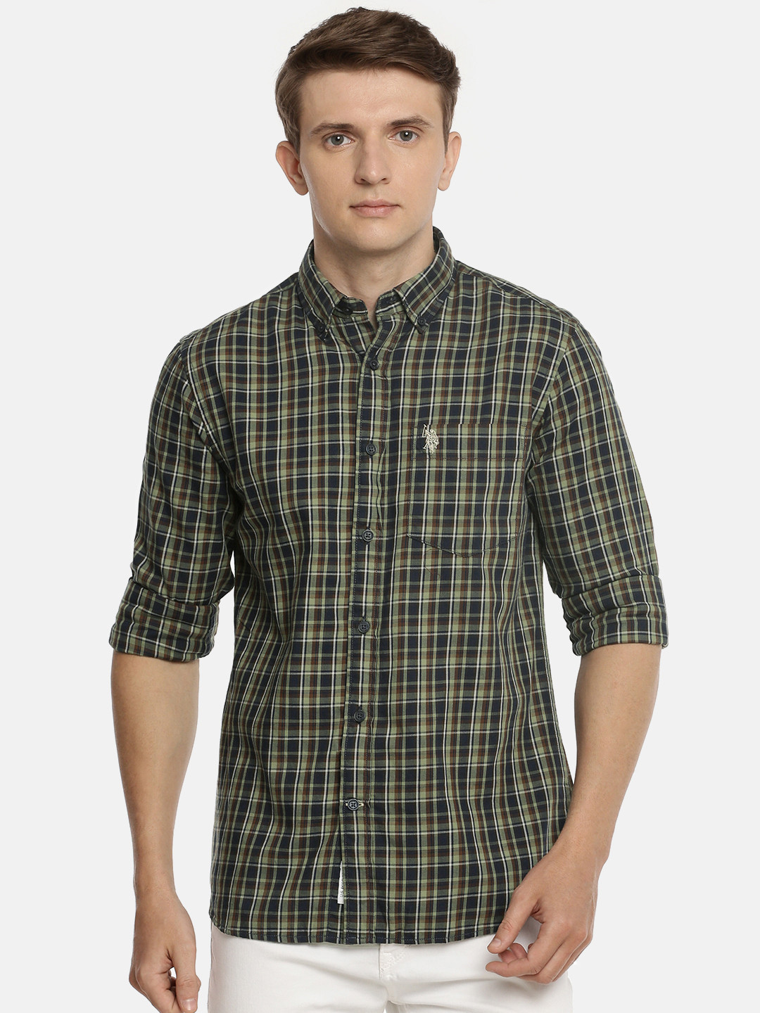 

U.S. Polo Assn. Men Green & Navy Blue Tailored Fit Checked Casual Shirt