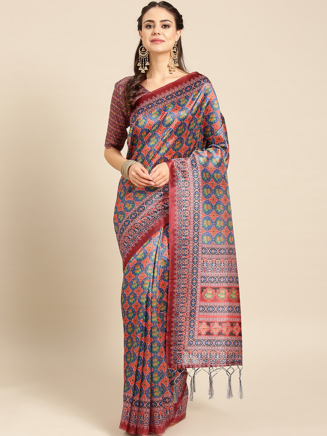 

Saree mall Women Blue & Orange Printed Patola Saree