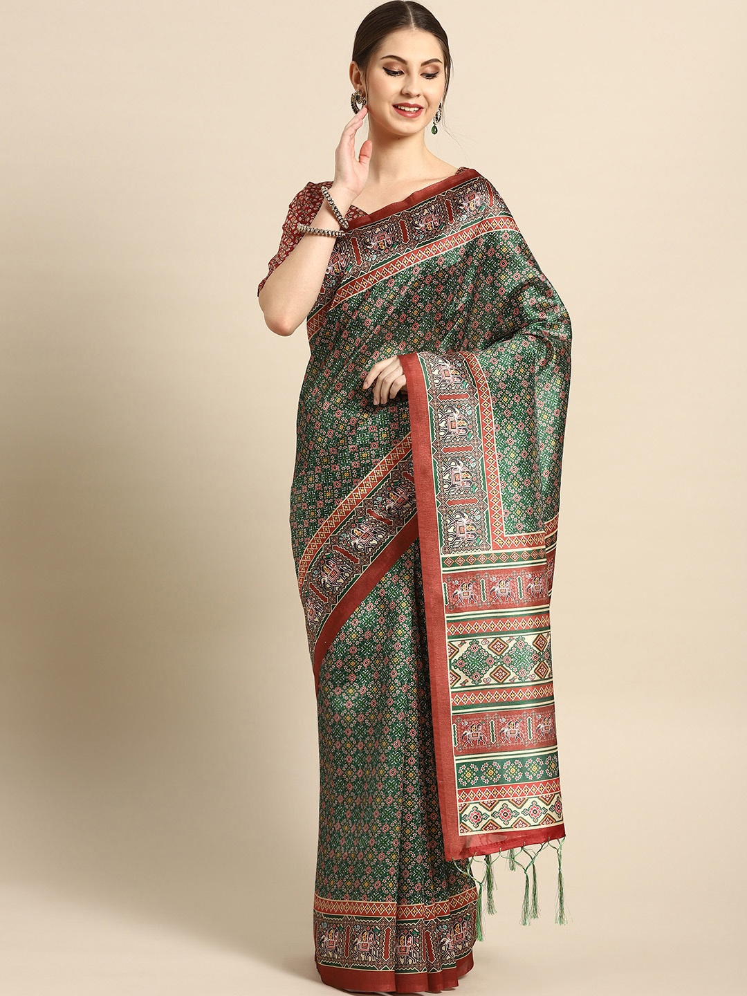 

Saree mall Green & Red Printed Patola Saree