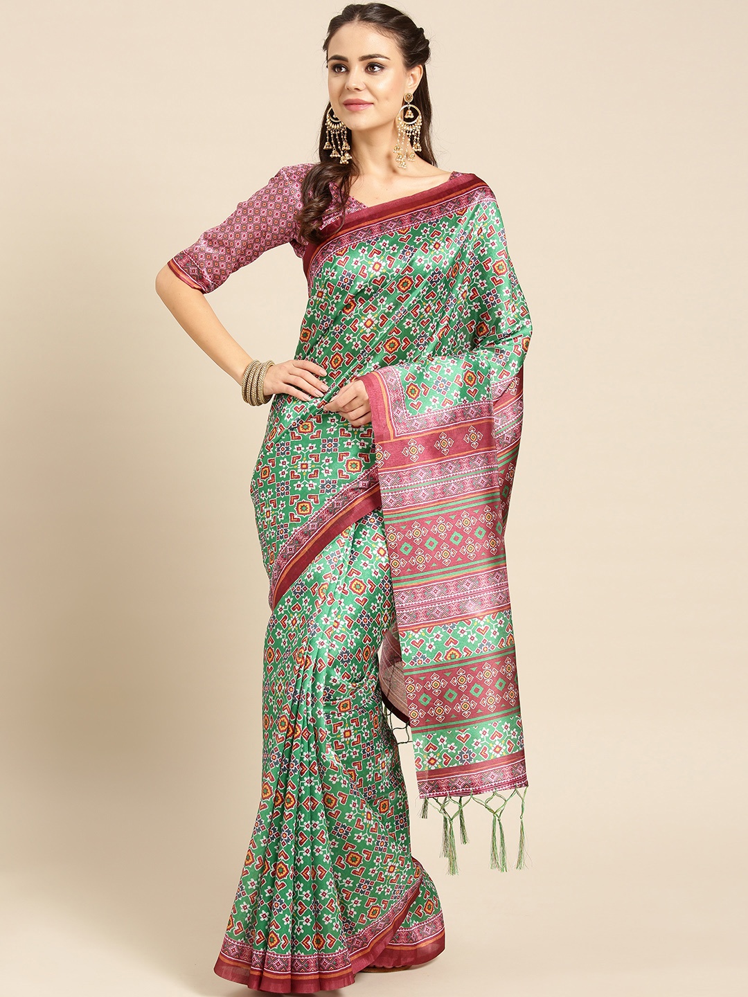 

Saree mall Women Green & Burgundy Printed Patola Saree