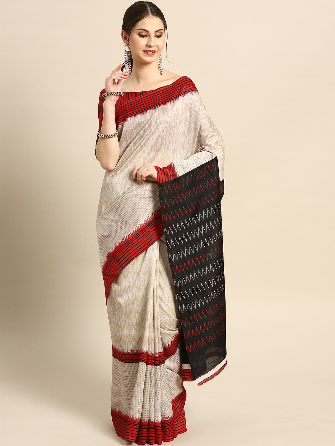 

Saree mall Beige & Red Printed Bhagalpuri Saree