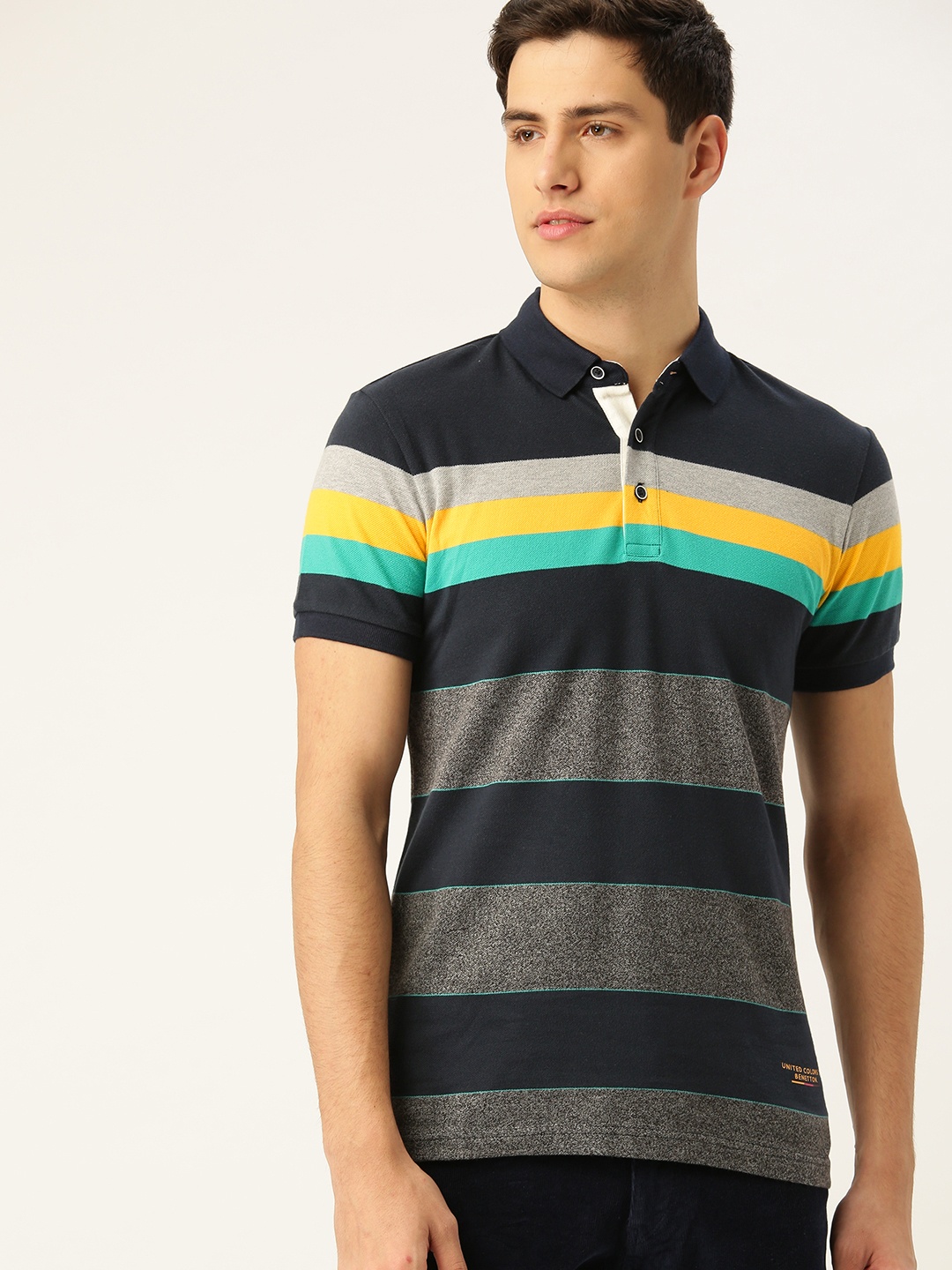

United Colors of Benetton Men Navy Blue & Charcoal Grey Striped Polo Collar T-shirt