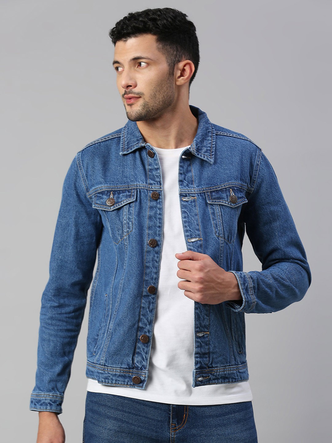 

High Star Men Blue Solid Denim Jacket