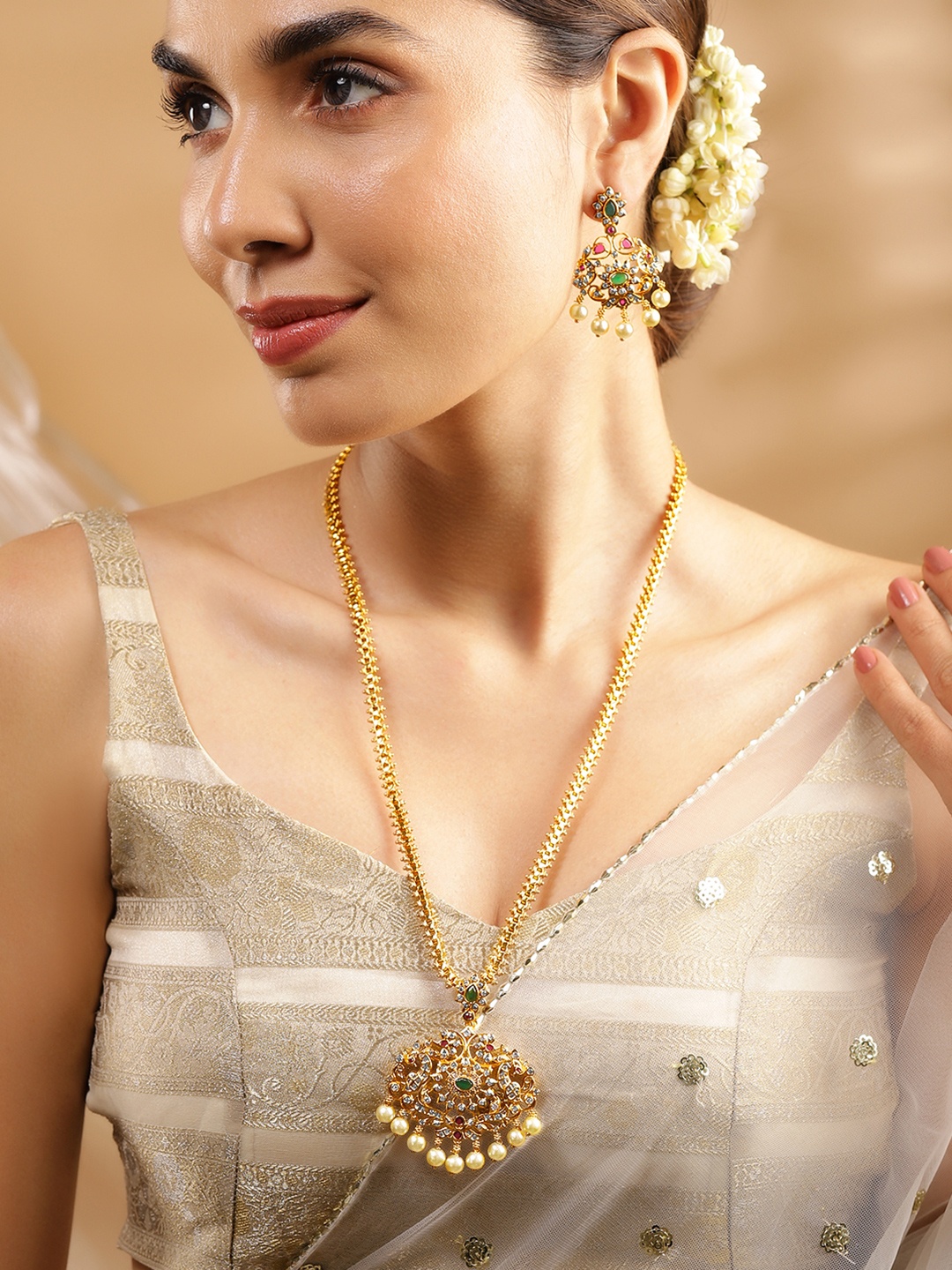 

Rubans Women Gold-Plated Green CZ Stone Studded Temple Jewellery Set