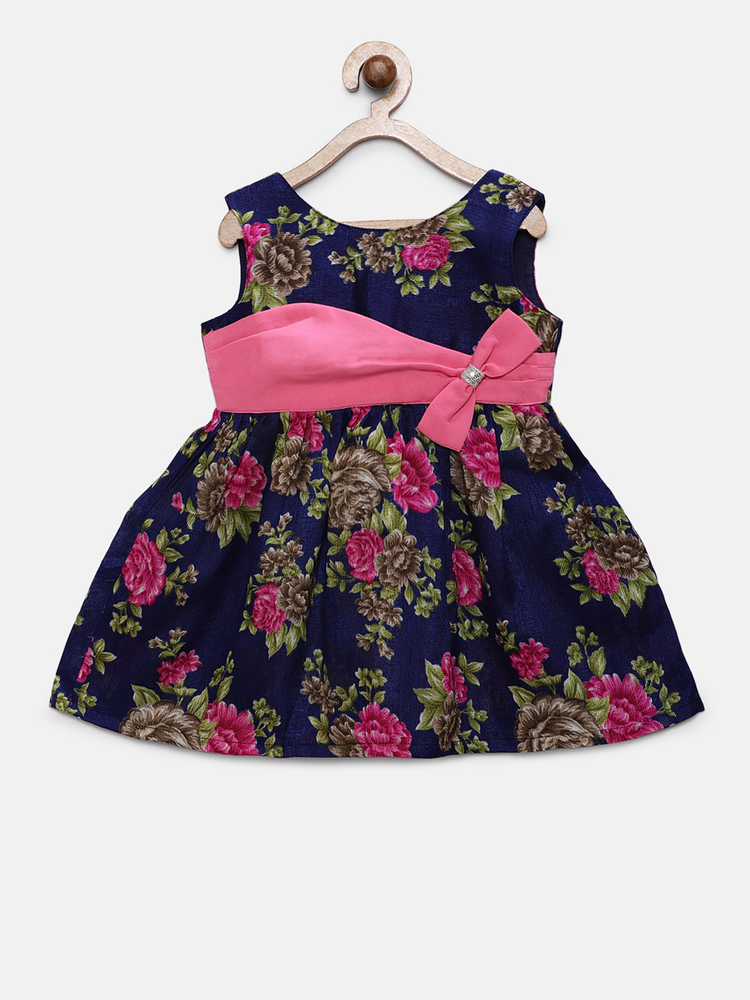 

MANY FROCKS & Girls Navy Blue Floral Printed Fit and Flare Dress
