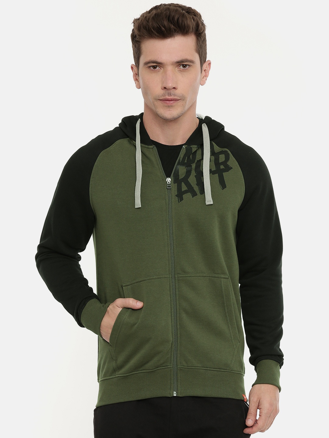

Wildcraft Men Olive Green & Black Hooded Sweatshirt