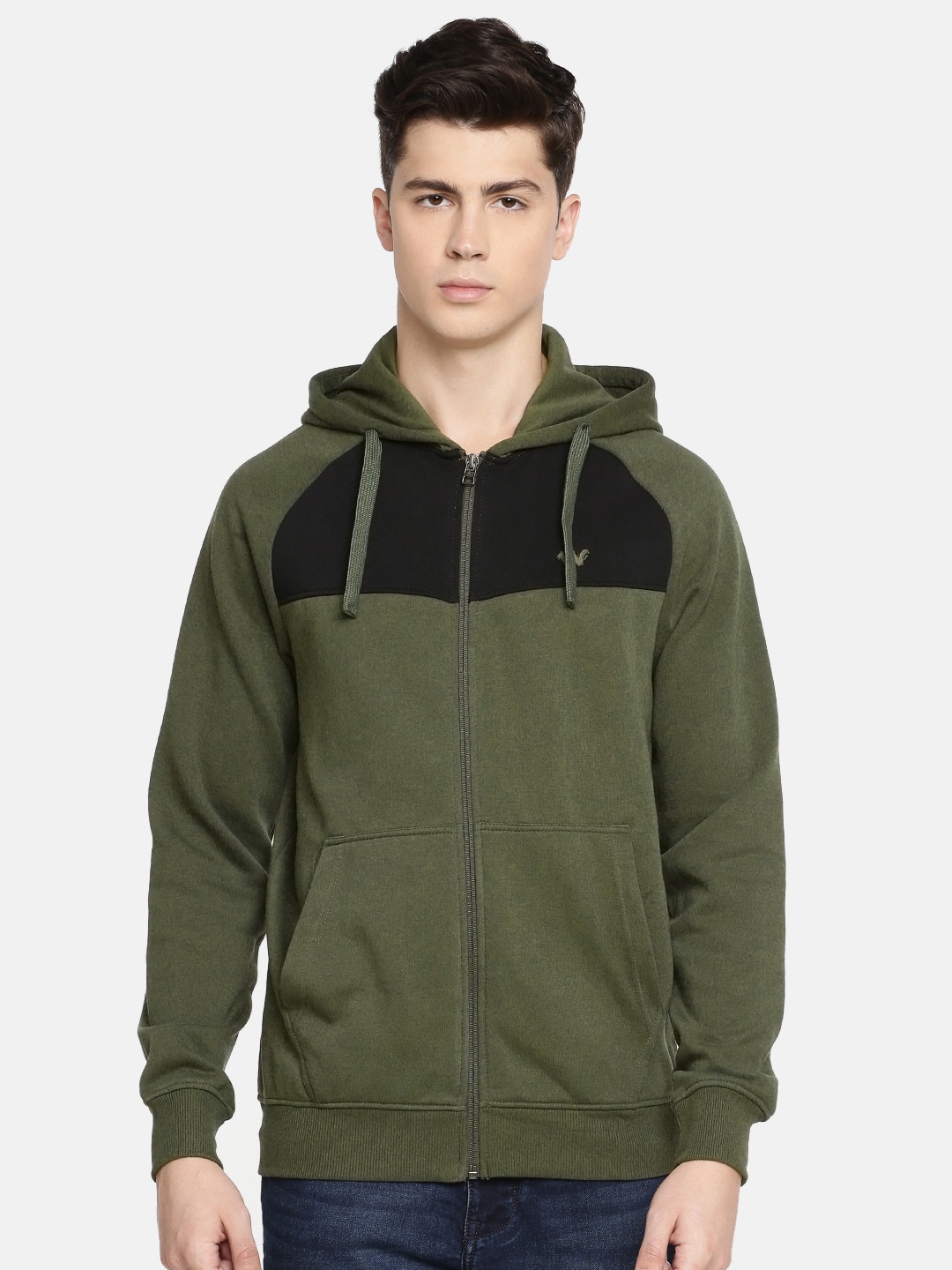 

Wildcraft Men Olive Green & Black Colourblocked Hooded Sweatshirt