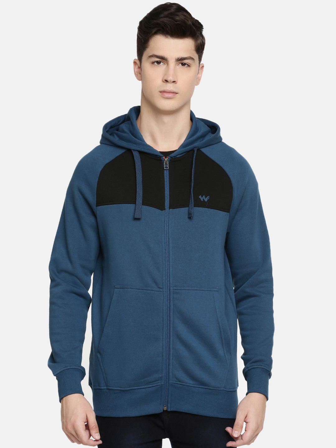 

Wildcraft Men Navy Blue & Black Colourblocked Hooded Sweatshirt