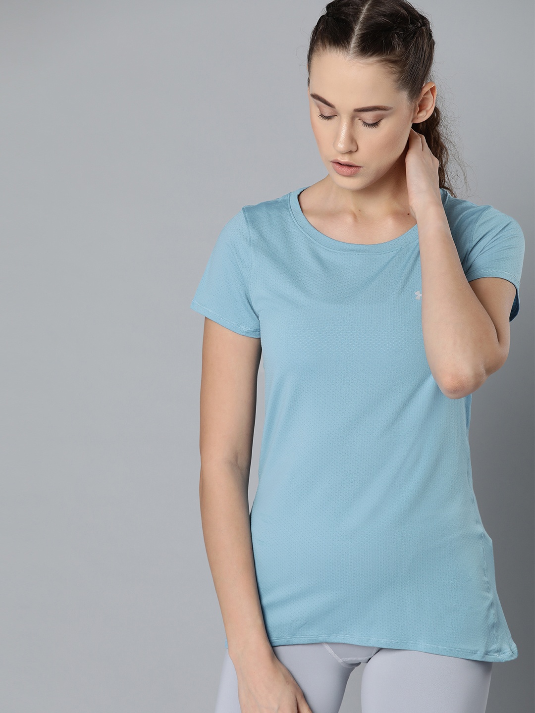 

UNDER ARMOUR Women Blue Self Design HeatGear Round Neck Sports T-shirt