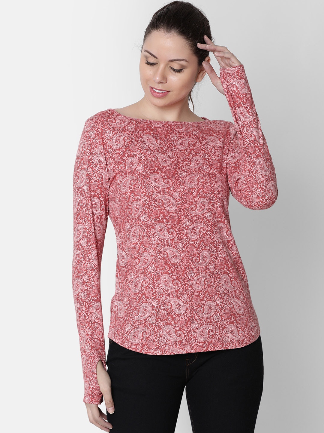 

Rute Women Red White Printed Boat Neck Pure Cotton T-shirt