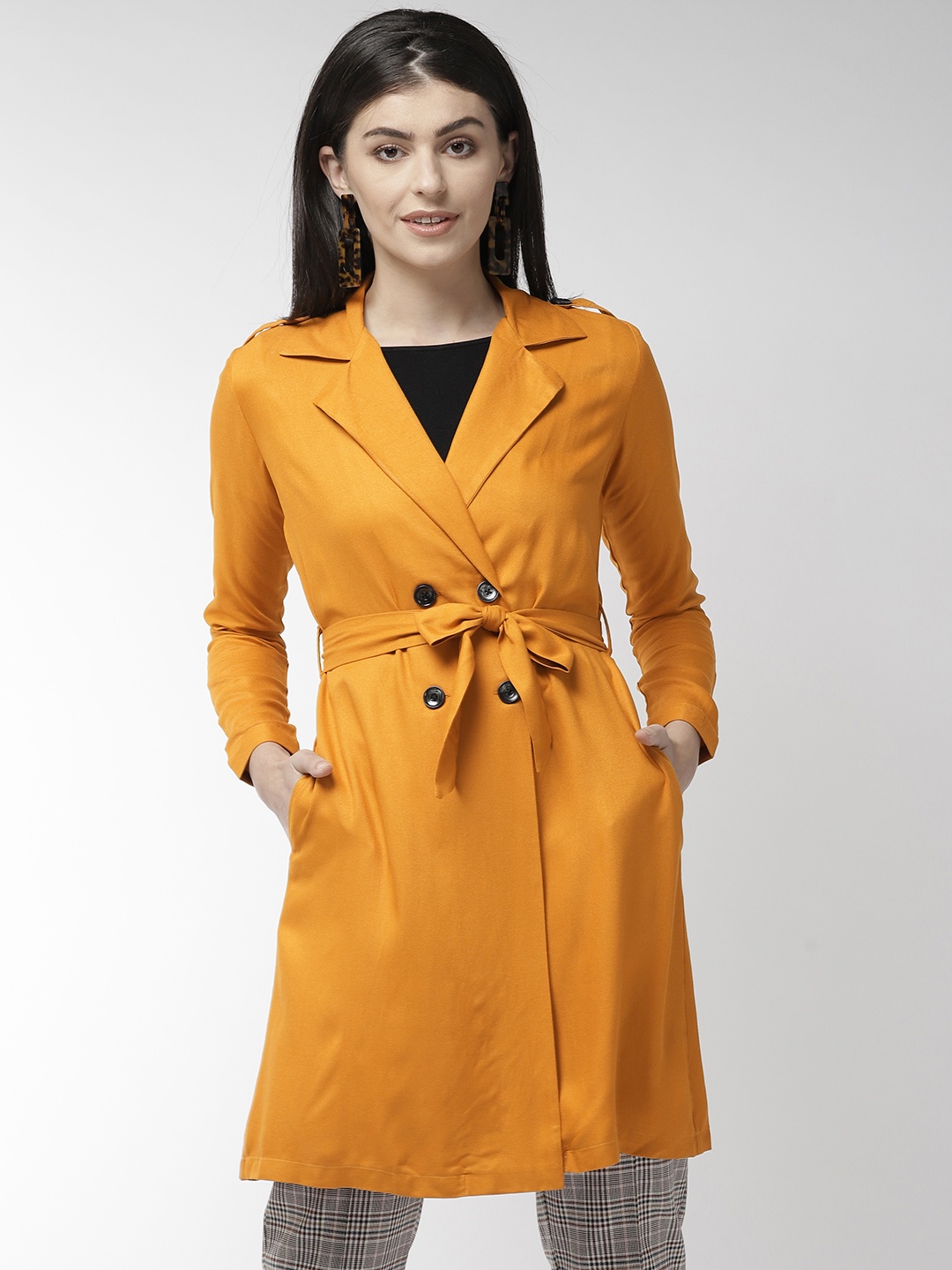 

Style Quotient Women Mustard Yellow Solid Double-Breasted Trench Coat