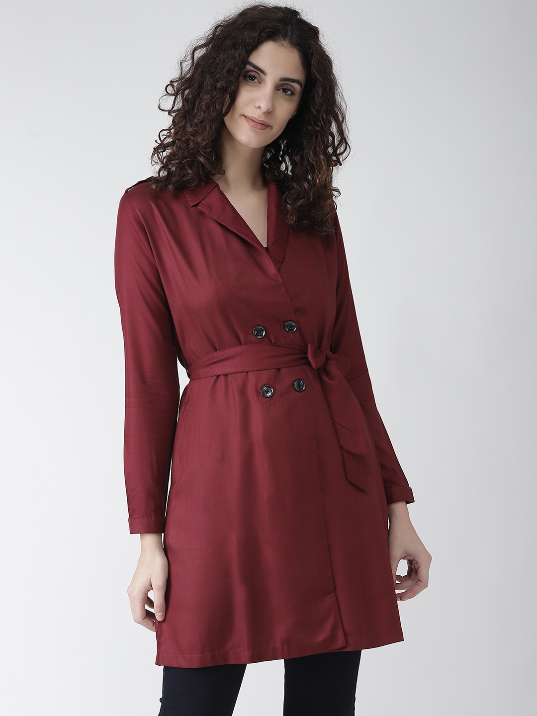 

Style Quotient Women Burgundy Solid Double-Breasted Overcoat