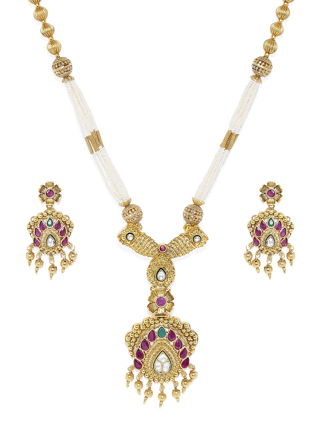 

ASMITTA JEWELLERY Gold-Plated & White Pearl Studded Enamelled Antique Jewellery Set