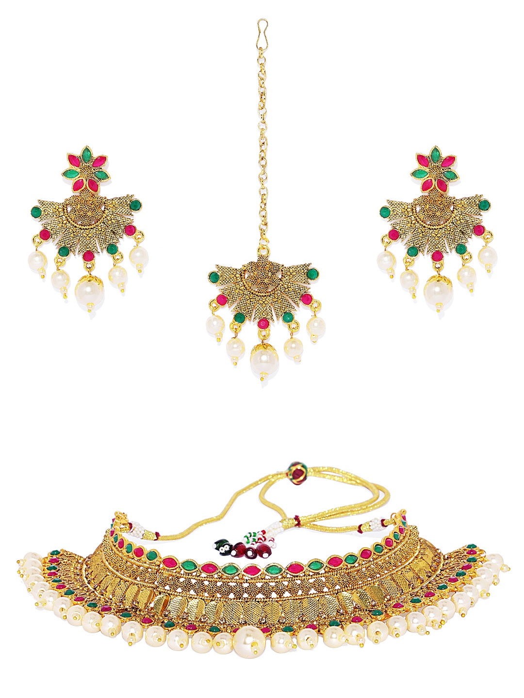 

ASMITTA JEWELLERY Gold-Plated & Green Jewellery Set With Maangtika