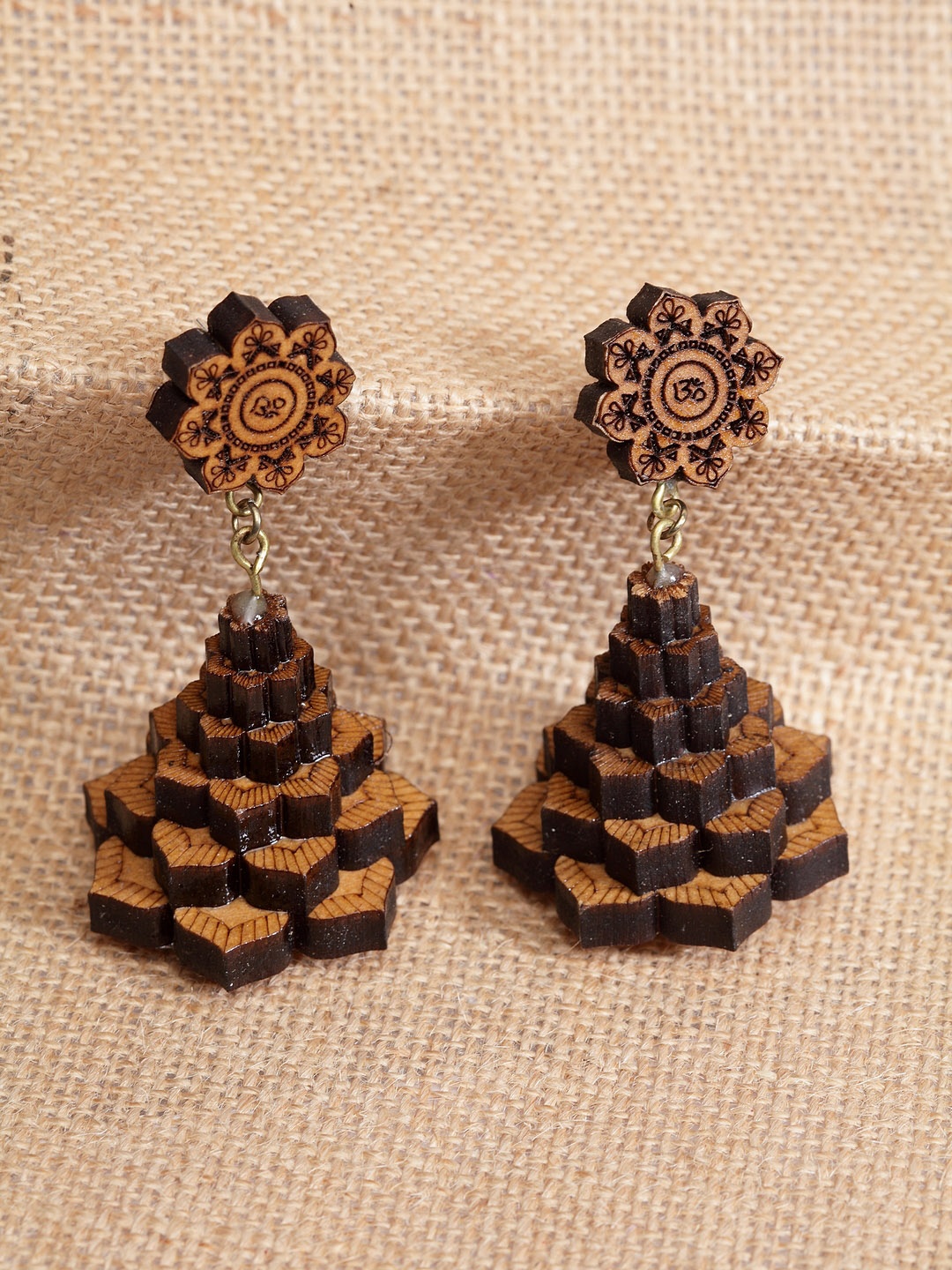 

PANASH Brown Floral Handcrafted Wooden Drop Earrings