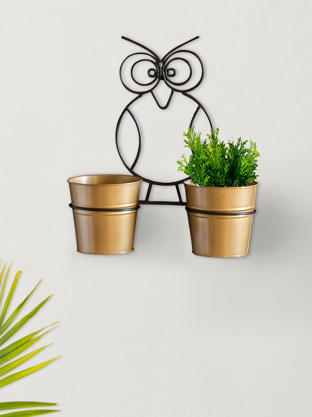 

ExclusiveLane Set Of 2 The Owl Buckets Glavanized Iron Wall Planters With Holder, Gold