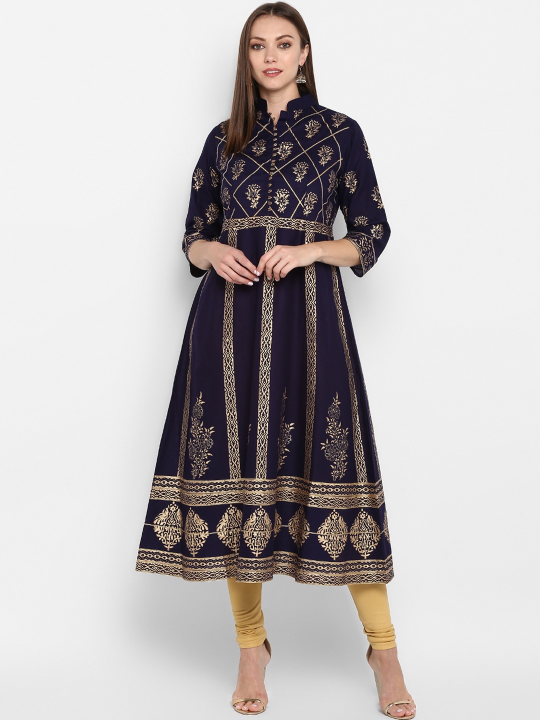 

ZOEYAMS Women Navy Blue & Gold-Coloured Printed Anarkali Kurta
