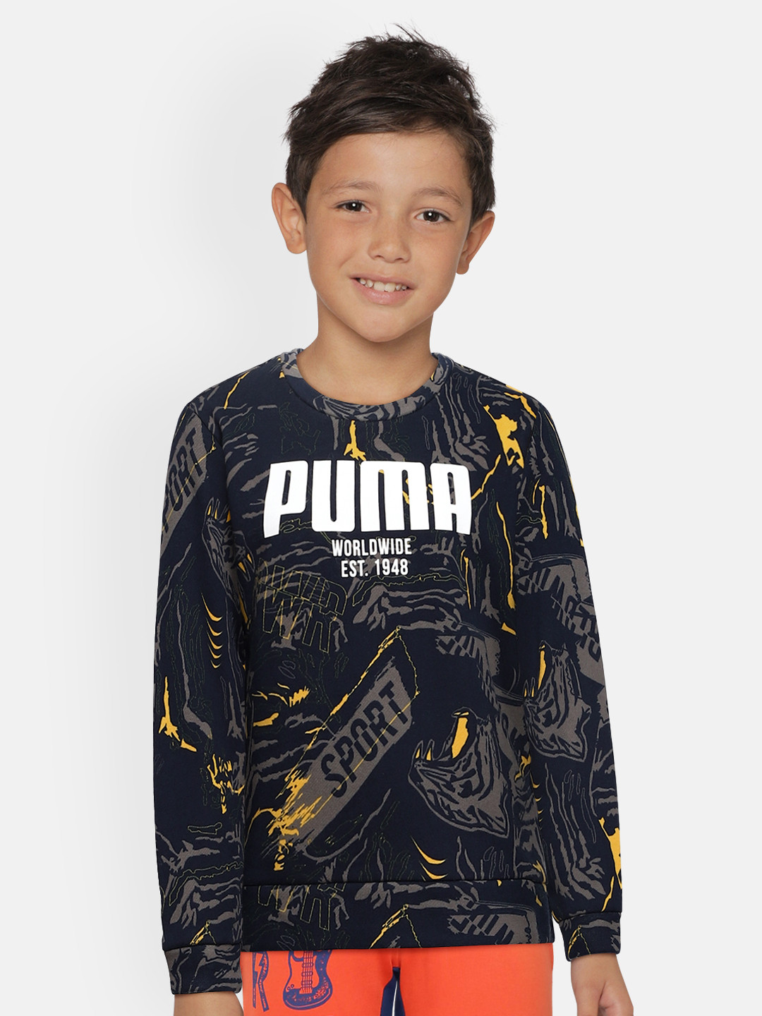 

Puma Boys Navy Blue Alpha AOP Printed Sweatshirt
