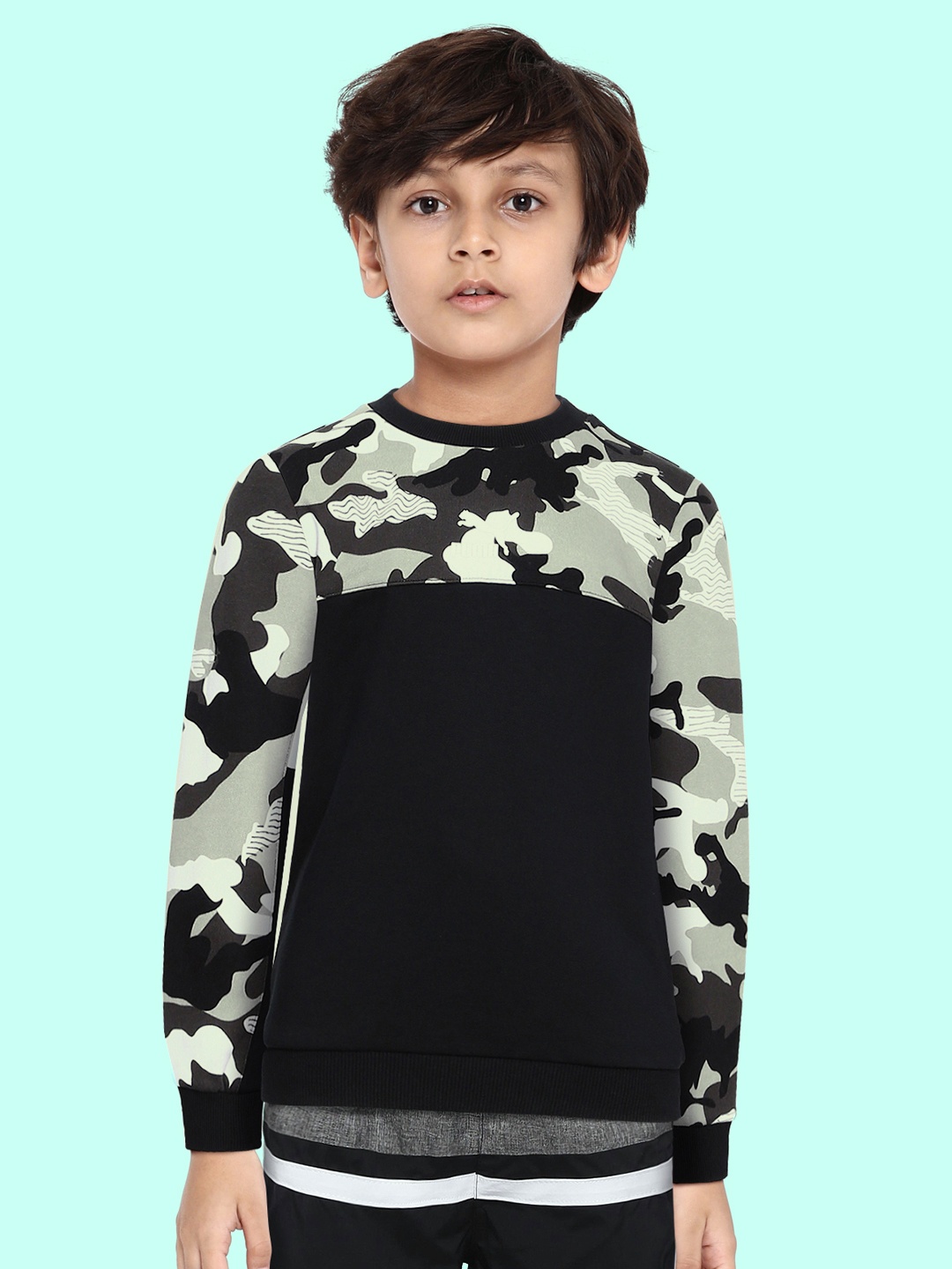 

Puma Boys Black & Beige Camouflage Printed Classics AOP Crew TR Cotton Sweatshirt