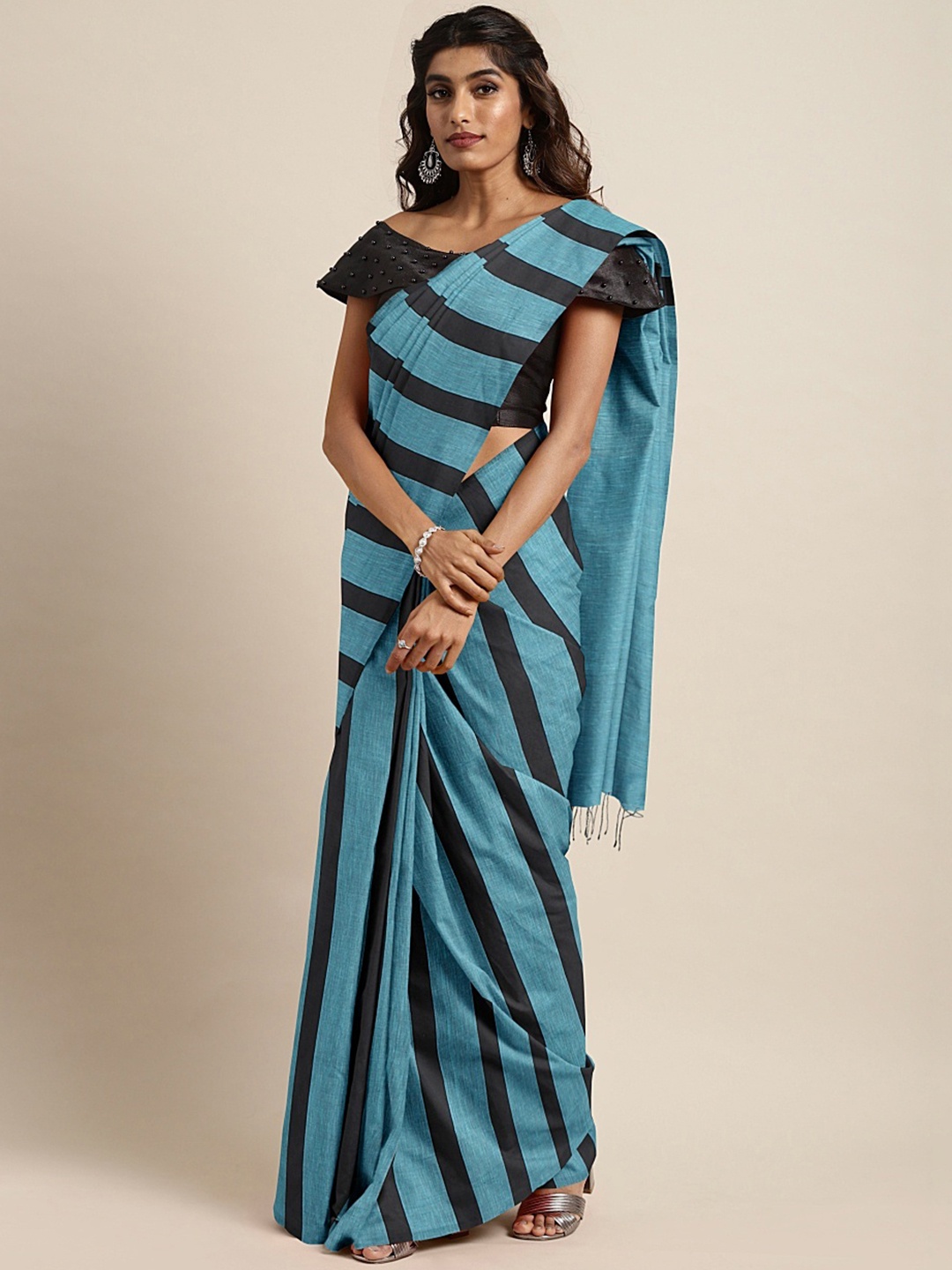 

Mitera Blue & Black Handloom Striped Saree