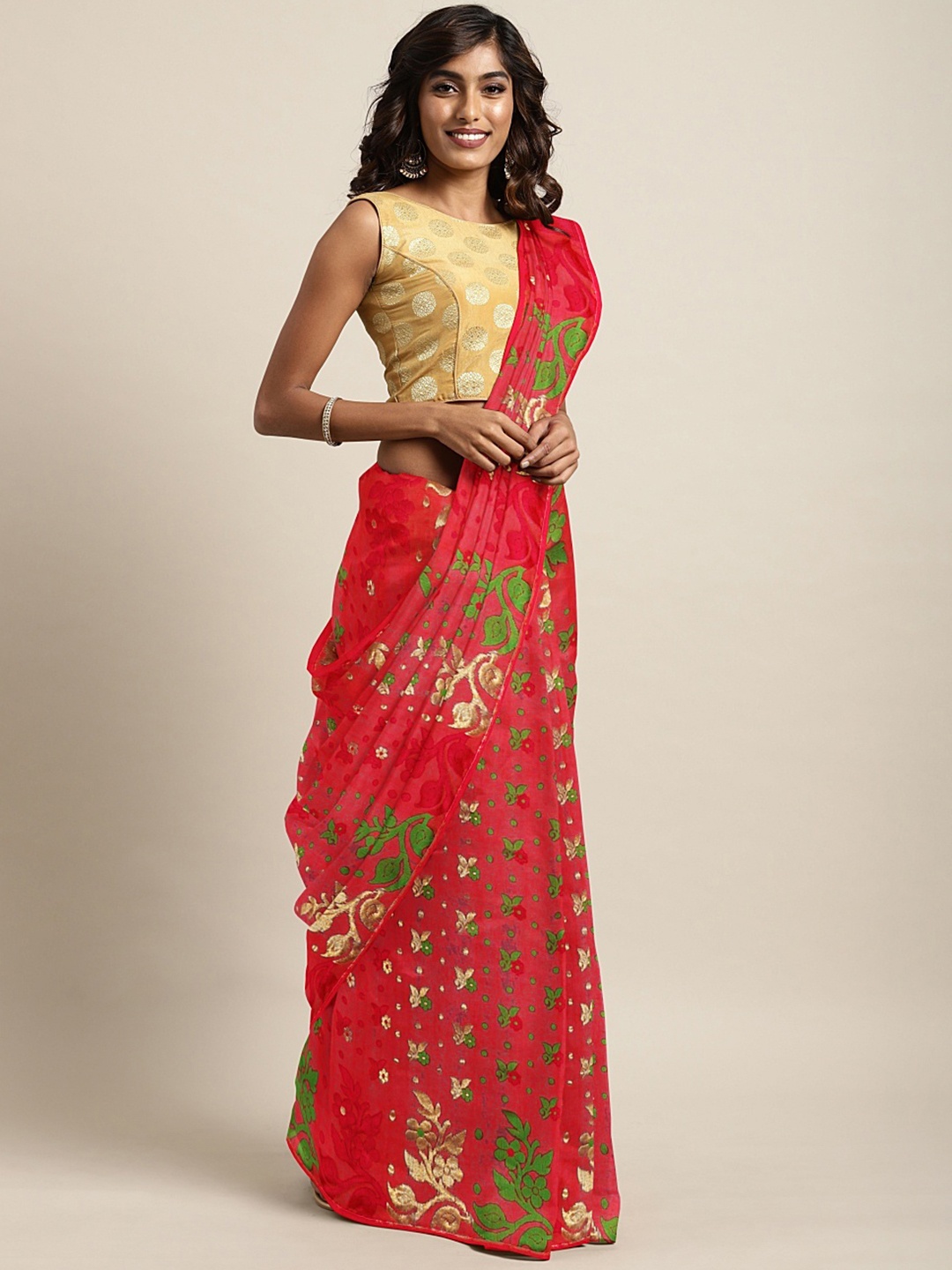 

Mitera Red & Golden Handwoven Jamdani Saree