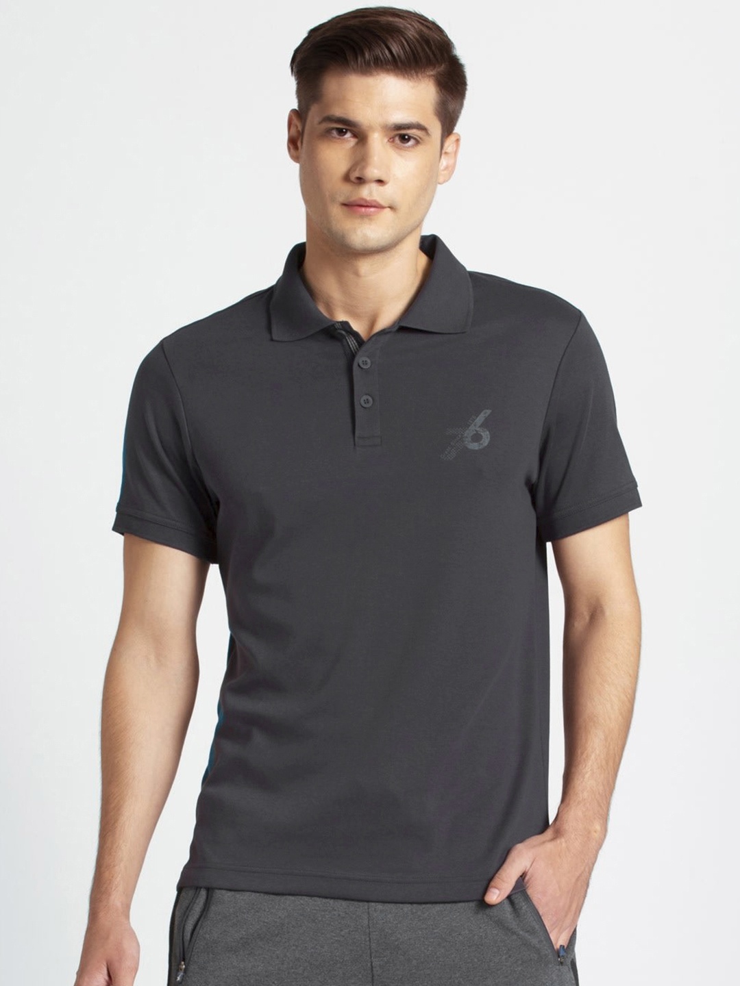 

Jockey Men Charcoal Grey Solid Comfort Fit Polo Collar T-shirt