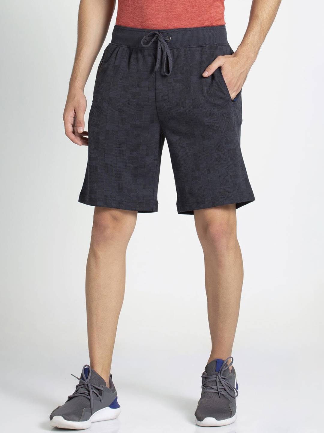 

Jockey Men Charcoal Grey Printed Straight Fit Sports Shorts
