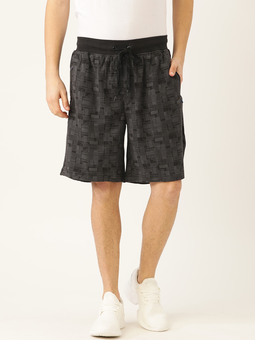 

Jockey Men Black & Grey Pure Cotton Geometric Printed Regular Fit Athleisure Shorts